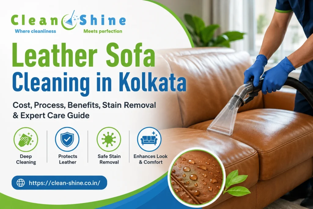 Clean Shine leather sofa cleaning in Kolkata banner showing a professional cleaning a brown leather sofa, with details on cost, process, benefits, stain removal and expert care, plus the Clean Shine logo and website