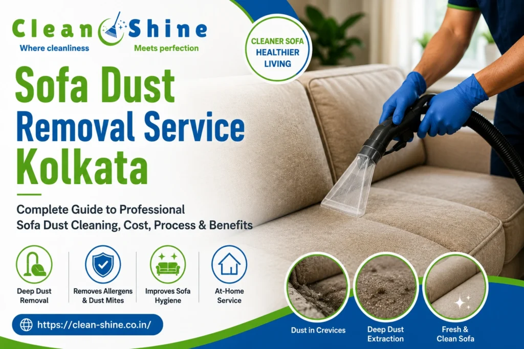 Sofa dust removal service in Kolkata by Clean & Shine, showing professional sofa dust cleaning and deep dust extraction.